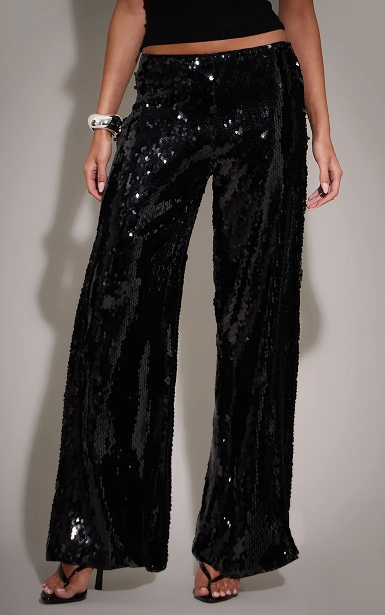Black Sequin Wide Leg Floaty Trousers - 1