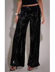 Black Sequin Wide Leg Floaty Trousers - 1