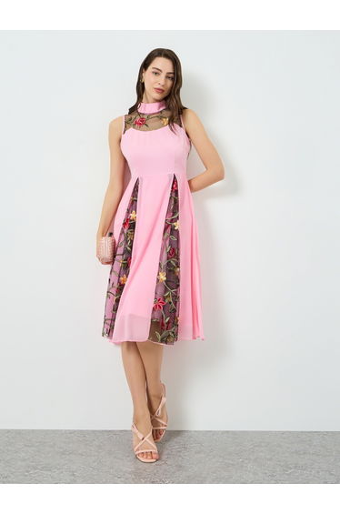 Women Pink Contrast Mesh Sleeveless Midi Dress
