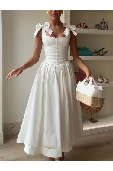 فستان ميدي بكسرات بثنيات بفيونكة