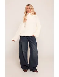 Cream Chunky Fisherman Knit Roll Neck Oversized Jumper