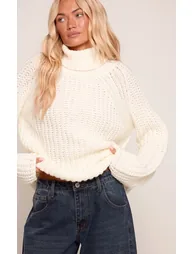 Cream Chunky Fisherman Knit Roll Neck Oversized Jumper - 3