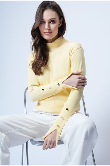 Women's Yellow Turtleneck Slit Sleeve Button Detail Knitted Blouse