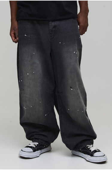 Tall Spray Washed Paint Splatter Balloon Jeans - washed charcoal