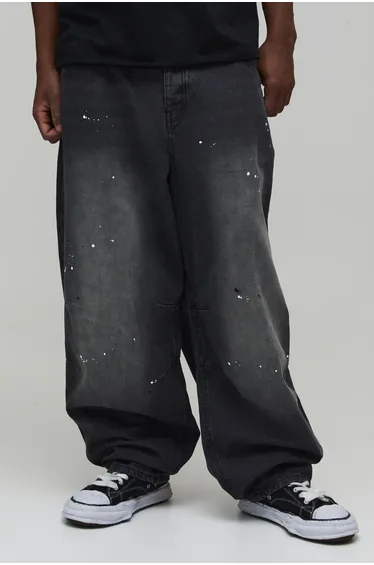 Tall Spray Washed Paint Splatter Balloon Jeans - washed charcoal