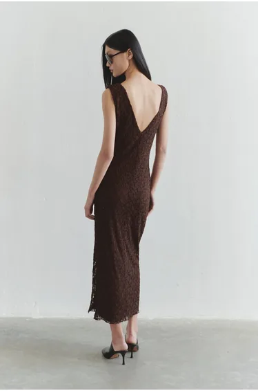 Limited Edition Brown Lace Bodycon Stretchy Knit Dress