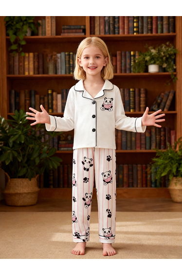 Girls Panda Print Long Sleeve Shirt and Pyjama Set