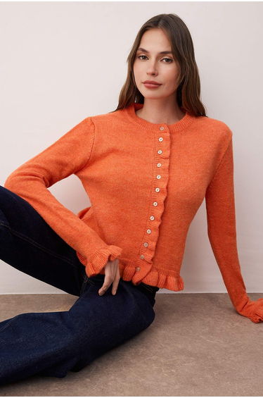 Orange Button Detailed Soft Texture Knit Cardigan