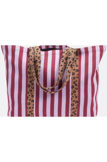 Striped Tote Bag with Leopard Print Handles