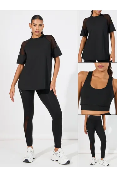 Pack of 3 - Shoulder Mesh Detail Top, Back Dual Tear Drop Sports Bra and Leggings