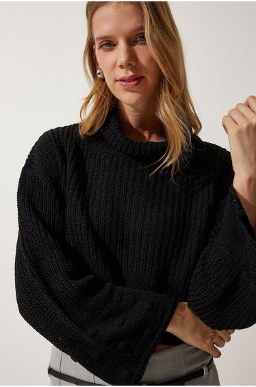 Women's Black Turtleneck Textured Seasonal Knitwear Sweater