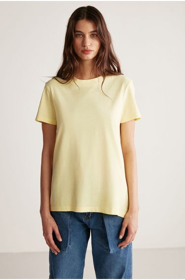 Samantha Women's 100% Organic Cotton Comfort Fit Long Back Basic Knitted Light Yellow T-shirt