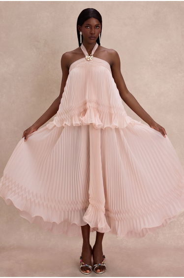 Pleated 3D Flower Halter Neck Midi Dress