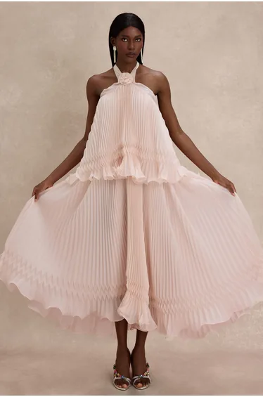 Pleated 3D Flower Halter Neck Midi Dress