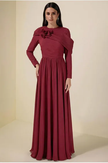 Solid Ruched 3D Flower Maxi Dress