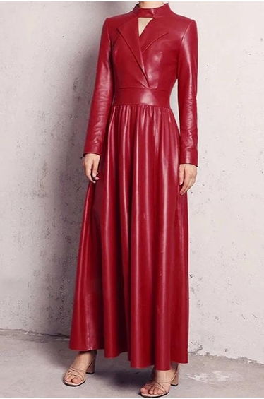 Long Sleeves Hollow Solid Color High-Neck Maxi Dresses