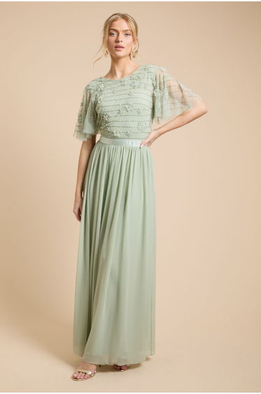 Floral Embellished Mesh Angel Sleeve Maxi Dress