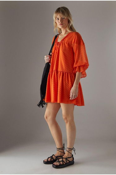 Dobby Chiffon Volume Sleeve Smock Mini Dress