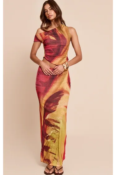 Multi Feather Print Onion Skin Low Rise Maxi Skirt