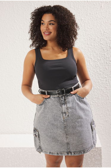 Anthracite Square Collar Rib Large Size Knitted