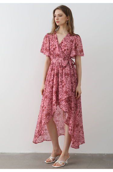 Rust Flower Print Flutter Sleeve Asymmetric Wrap Dress