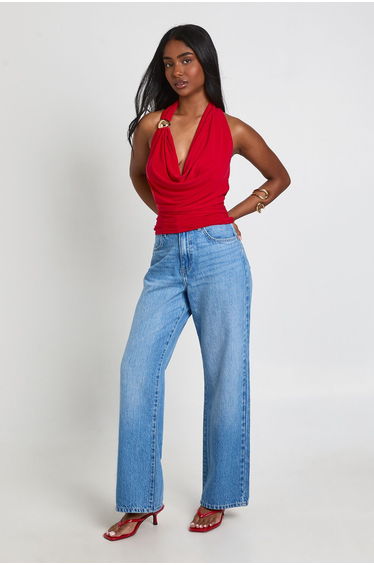 Cowl Neck Trim Halter Top - red