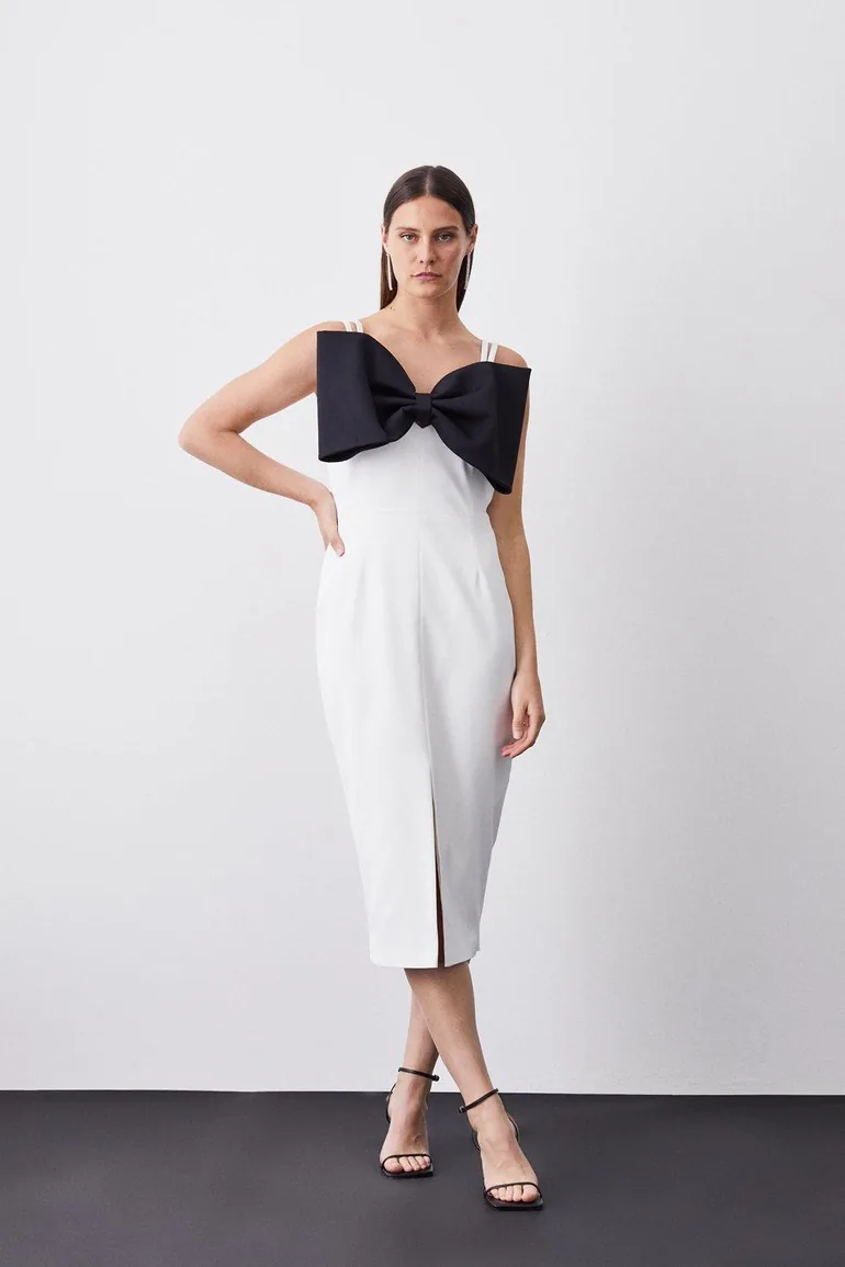 Italian Structured Rib Bow Bodice Midi Pencil Dress