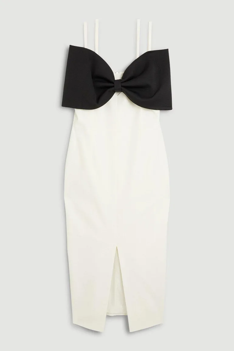 Italian Structured Rib Bow Bodice Midi Pencil Dress - 3