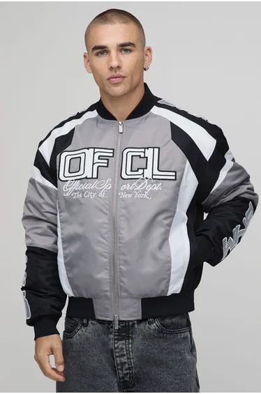 Boxy Fit Nylon Moto Bomber Jacket - grey