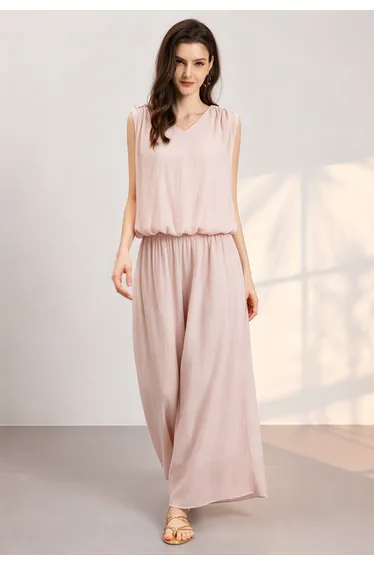 Lightweight V-Neck Sleeveless Top and Pants Set in Light Pink for Weekend Outings & Beach Vacations