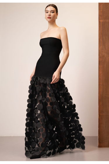 3D Disc Mesh Panel Strapless Maxi Dress in Black