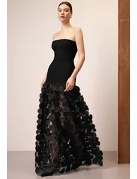 3D Disc Mesh Panel Strapless Maxi Dress in Black