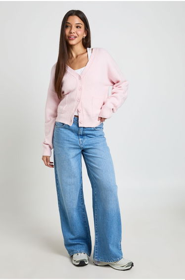 Soft Knit Pocket Detail V Neck Cardigan - pink
