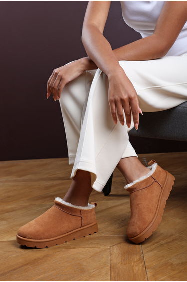 Avara Cosy Chestnut Fur Lined Suede Micro Ankle Mules
