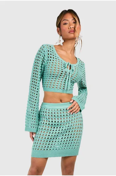 Crochet Lace Up Crop Top - turquoise