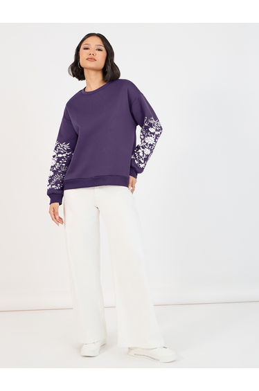Floral Sleeve Print Dropped Shoulder Sweatshirt