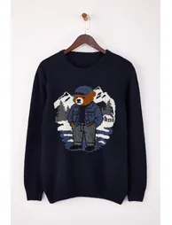 Navy Blue Regular Crew Neck Animal Teddy Bear Sweater - 1