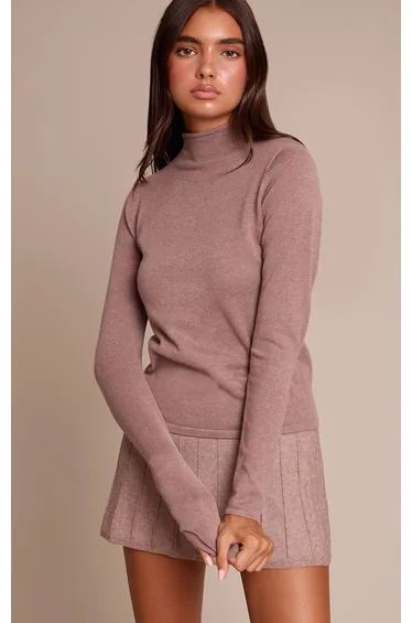 Mocha Fine Knit High Neck Jumper