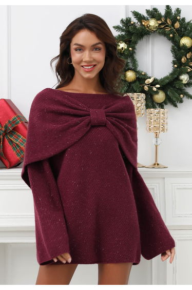 Bowknot 2 Pieces Metallic Mix Knit Sweater Dress in Plum