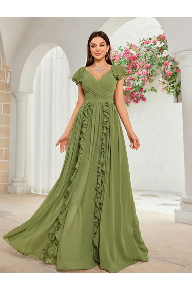Leely Elegant V Neck Flounce Sleeve Evening Gown