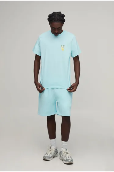 Regular Fit Lemon Printed T-Shirt & Regular Fit Short Set - light blue