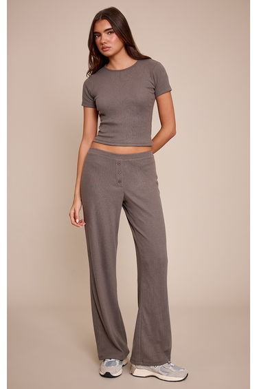 Charcoal Grey Rib Button Detail Wide Leg Trousers