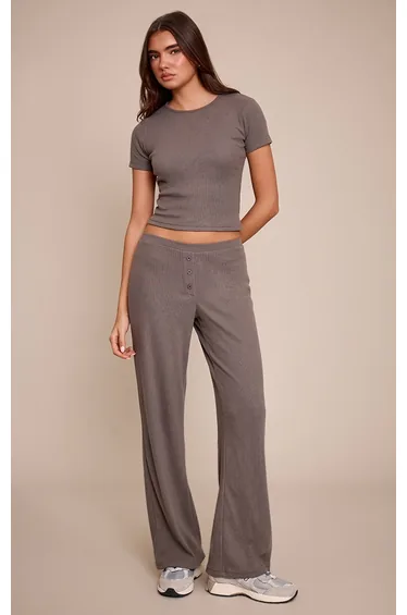 Charcoal Grey Rib Button Detail Wide Leg Trousers