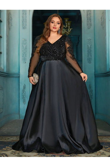 Women Plus Size Elegant Solid Color Embroidery Beaded Long Sleeve Formal Dress