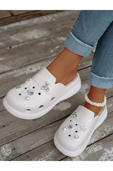 White Embellished Slides Clogs