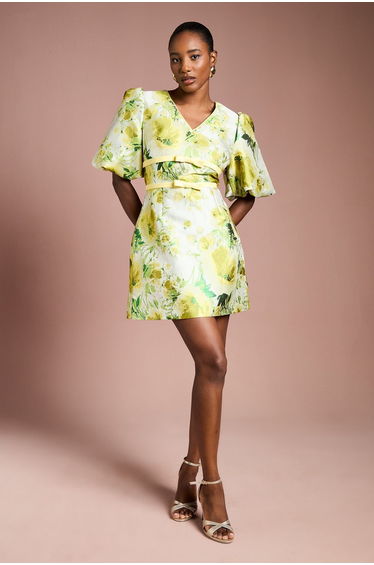 Floral Jacquard Puff Sleeve Mini Dress