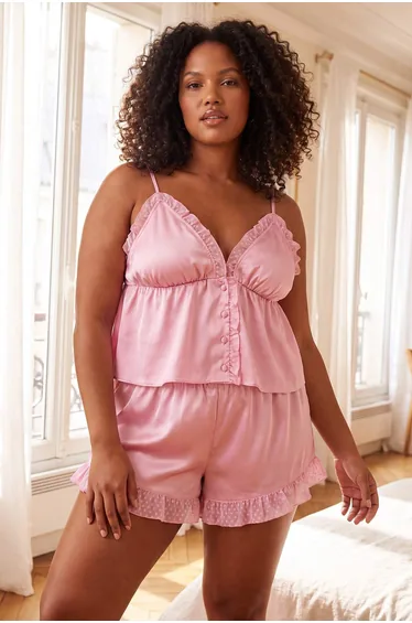 Pink Polka Dot Tulle Detailed Satin Woven Pajama Set