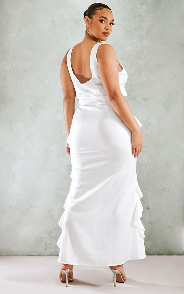 Plus White Satin Frill Layered Midaxi Dress - 2