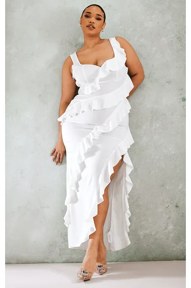 Plus White Satin Frill Layered Midaxi Dress