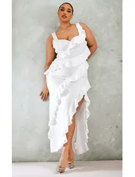 Plus White Satin Frill Layered Midaxi Dress